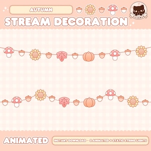 May include: Animated autumn stream decoration with two strings of lights featuring pumpkins, mushrooms, acorns, sunflowers, and leaves. The text "AUTUMN STREAM DECORATION" is at the top of the image. The text "ANIMATED" is at the bottom left of the image. The text "INSTANT DOWNLOAD - 2 ANIMATED + STATIC STRING LIGHTS" is at the bottom right of the image.