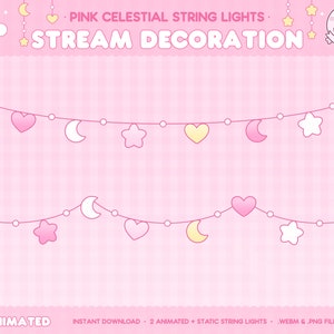 Könnte beinhalten: Rosa himmlische Lichterketten mit Herzen, Sternen und Mondsicheln. Die Lichter sind animiert und werden in einem Set mit zwei geliefert. Der Text "PINK CELESTIAL STRING LIGHTS. STREAM DECORATION" befindet sich oben im Bild. Der Text "ANIMATED INSTANT DOWNLOAD 2 ANIMATED + STATIC STRING LIGHTS. WEBM & PNG FILES" befindet sich unten im Bild.