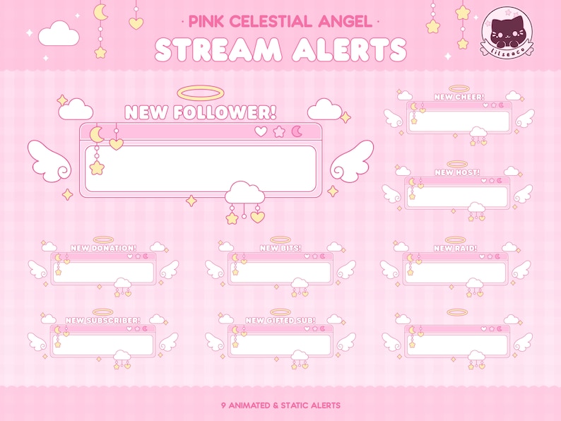 May include: A set of animated and static stream alerts featuring a pink celestial angel theme. The alerts include new follower, new donation, new subscriber, new bits, new gifted sub, new cheer, new host, and new raid.