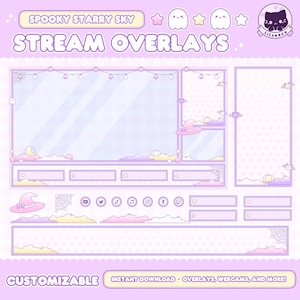 May include: A set of customizable purple and pink Twitch stream overlays with a spooky starry sky theme. The overlays feature a witch's hat, bats, pumpkins, stars, and ghosts. The text "SPOOKY STARRY SKY STREAM OVERLAYS" is at the top of the image. The text "CUSTOMIZABLE INSTANT DOWNLOAD OVERLAYS, WEBCAMS, AND MORE!" is at the bottom of the image.