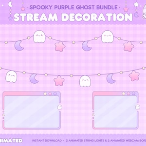 May include: Animated purple and pink ghost, star, and crescent moon string lights with two animated webcam borders. The text "SPOOKY PURPLE GHOST BUNDLE. STREAM DECORATION" is at the top of the image. The text "ANIMATED INSTANT DOWNLOAD 2 ANIMATED STRING LIGHTS & 2 ANIMATED WEBCAM BORDERS" is at the bottom of the image.