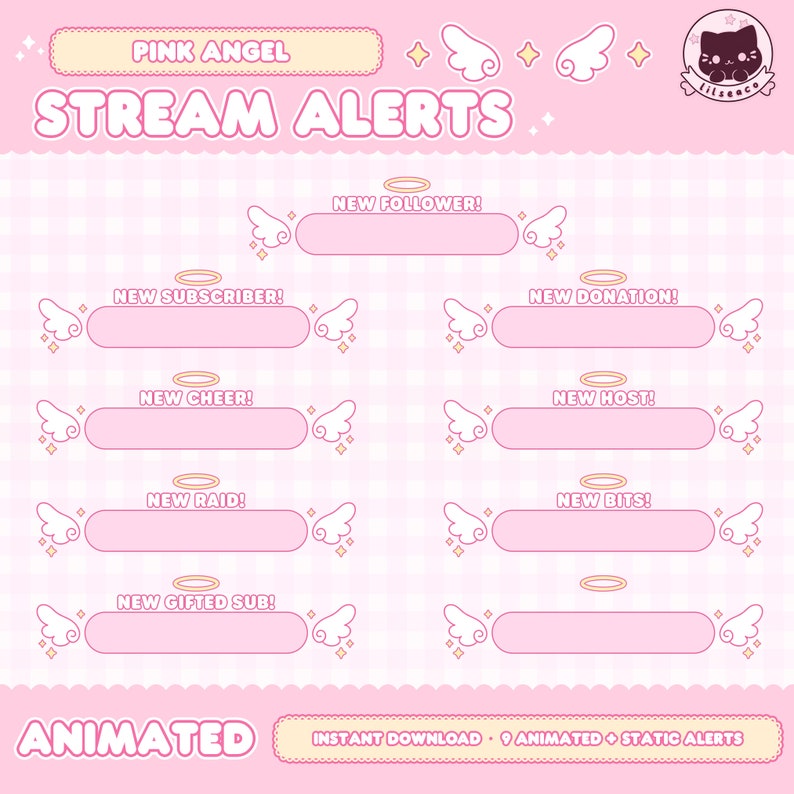 May include: Pink and white animated stream alerts with a pink angel wing design. The text says "Pink Angel Stream Alerts" and includes alerts for new followers, subscribers, cheers, raids, donations, hosts, and bits.