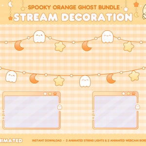 May include: A digital stream decoration bundle with a spooky orange ghost theme. The design includes animated string lights with ghosts, stars, and moons, plus animated webcam borders. The text reads "Spooky Orange Ghost Bundle" and "Stream Decoration".