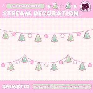 May include: Two animated Christmas tree string lights with white stars. The lights are on a pink and white checkered background. The text "CHRISTMAS TREES STREAM DECORATION" is at the top of the image. The text "ANIMATED INSTANT DOWNLOAD 2 ANIMATED STATIC STRING LIGHTS" is at the bottom of the image.