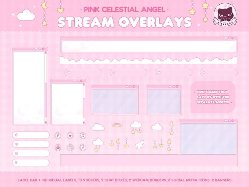 May include: Pink and white digital stream overlay set with a celestial theme. The set includes a label bar, individual labels, stickers, chat boxes, webcam borders, social media icons, and banners. The overlays feature clouds, stars, moons, hearts, and a cute cat illustration.