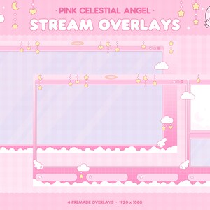 May include: Four pink and white digital overlays with a celestial theme. The overlays feature clouds, stars, hearts, and a halo. The text "PINK CELESTIAL ANGEL: STREAM OVERLAYS" is at the top of the image. The text "4 PREMADE OVERLAYS - 1920 x 1080" is at the bottom of the image.