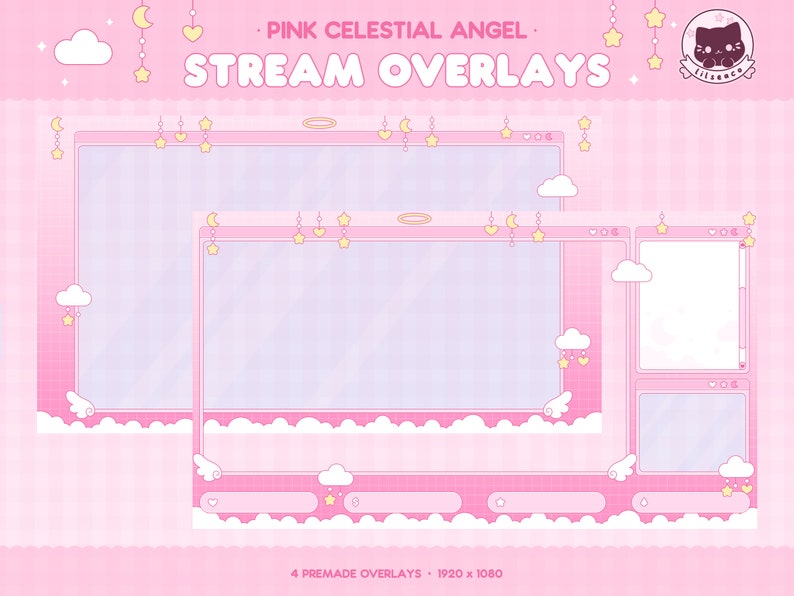 May include: Four pink and white digital overlays with a celestial theme. The overlays feature clouds, stars, hearts, and a halo. The text "PINK CELESTIAL ANGEL: STREAM OVERLAYS" is at the top of the image. The text "4 PREMADE OVERLAYS - 1920 x 1080" is at the bottom of the image.