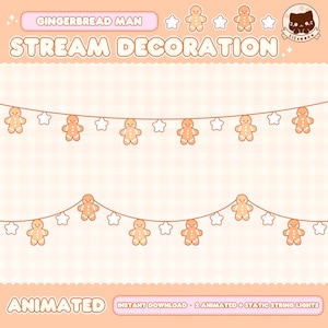 Op de afbeelding: Geanimeerde peperkoekman-lichtjes met witte sterren. De lichtjes bevinden zich op een roze en witte ruitjesachtergrond. De tekst "Gingerbread Man Stream Decoration" staat bovenaan de afbeelding. De tekst "Animated Instant Download - 2 Animated + Static String Lights" staat onderaan de afbeelding.