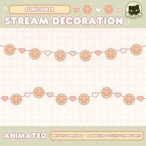 May include: Animated sunflower and heart string lights for streaming. The lights are on a pink and white gingham background. The text "SUNFLOWER STREAM DECORATION" is at the top of the image. The text "ANIMATED" is at the bottom left of the image. The text "INSTANT DOWNLOAD - 2 ANIMATED + STATIC STRING LIGHTS" is at the bottom right of the image.