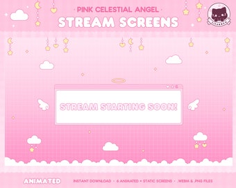 Animated Celestial Angel Screens, Twitch, Stream Screens, Starting Soon, BRB, Offline Screen, Cloudy, Pink Theme, Kawaii, Cute Aesthetic