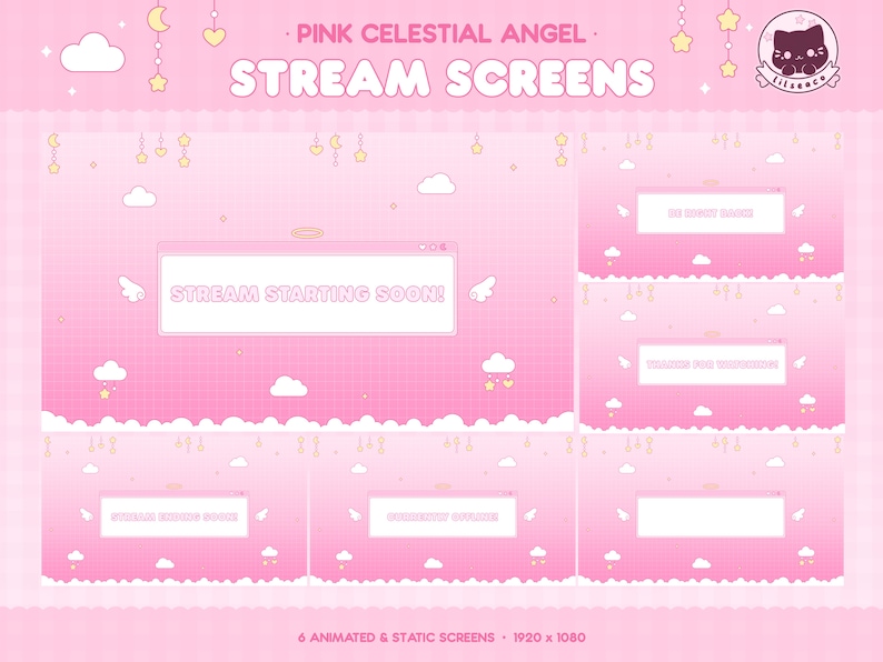 May include: Six animated and static pink stream screens with a celestial angel theme. The screens feature clouds, stars, and a halo. The text "STREAM STARTING SOON!" is displayed on one of the screens.