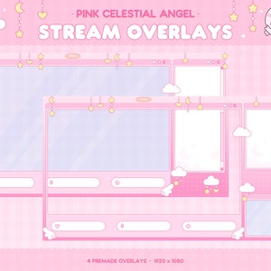 May include: Four pink and white digital overlays with a celestial theme. The overlays feature stars, clouds, hearts, and moons. The text "PINK CELESTIAL ANGEL: STREAM OVERLAYS" is at the top of the image. The text "4 PREMADE OVERLAYS - 1920 x 1080" is at the bottom of the image.