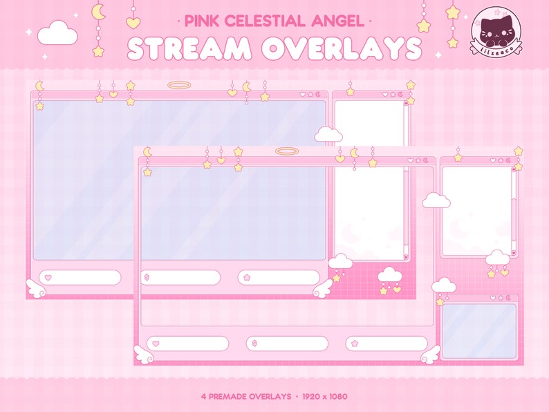 May include: Four pink and white digital overlays with a celestial theme. The overlays feature stars, clouds, hearts, and moons. The text "PINK CELESTIAL ANGEL: STREAM OVERLAYS" is at the top of the image. The text "4 PREMADE OVERLAYS - 1920 x 1080" is at the bottom of the image.