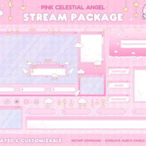 Animated Celestial Angel Stream Package, Twitch, Screens, Alerts, Panels, Overlay Set, Vtuber, Pink Theme, Kawaii, Cute Aesthetic, Clouds