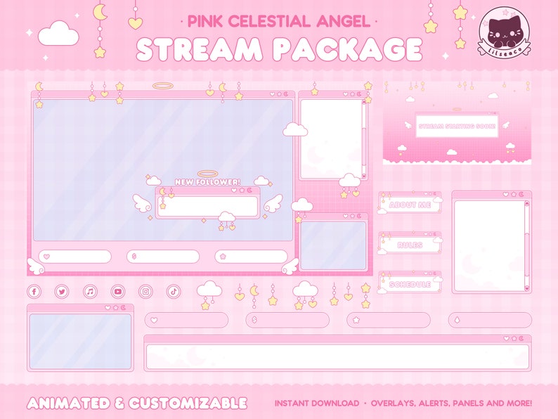 May include: Pink and white animated Twitch stream package with a celestial angel theme. The package includes a variety of overlays, alerts, panels, and more. The package is customizable and includes a new follower alert, a chat box, a schedule panel, and a rules panel.