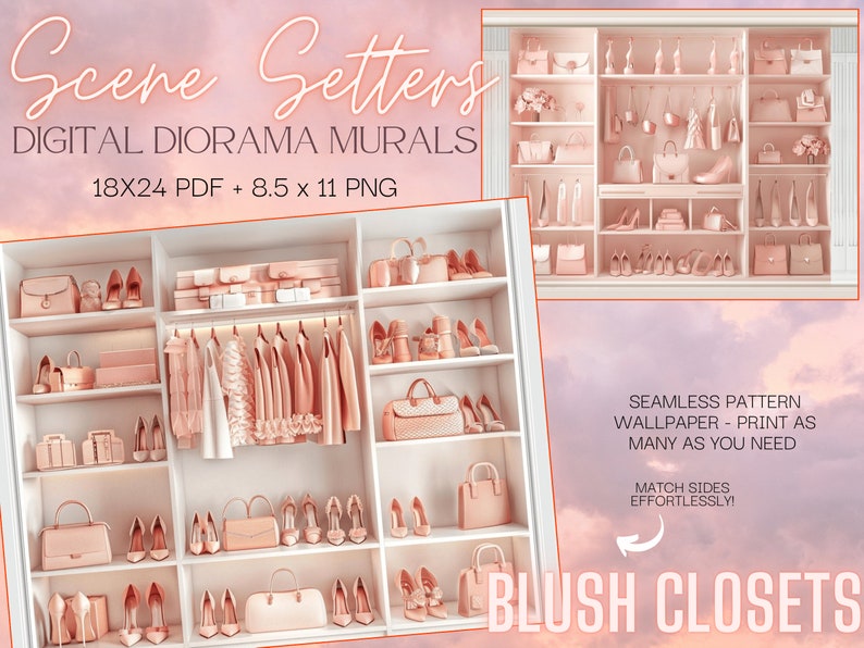 Scene Setters Blush Closets Doll Diorama Murals Digital Download Printable Background Wallpaper zdjęcie 4