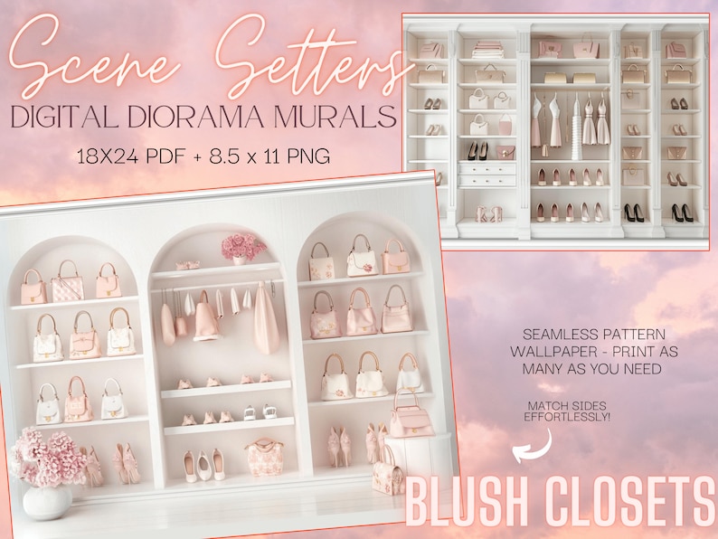 Scene Setters Blush Closets Doll Diorama Murals Digital Download Printable Background Wallpaper zdjęcie 1