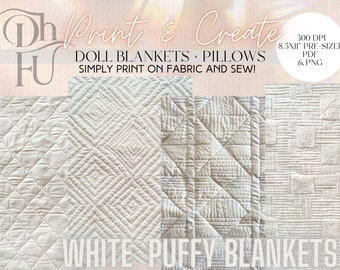 White Puffy Blankets + Pillows -  Print and Create-  Printable Dollhouse Textiles - Diorama props - Instant Download