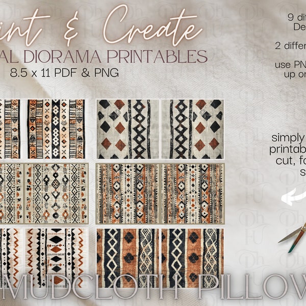 Mudcloth Pillows Vol 2 -  Print and Create-  Printable Dollhouse rugs - Diorama props - Instant Download