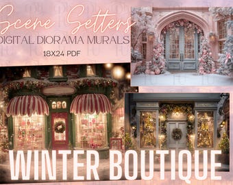 Winter Boutique Scene Setters | 18x24 Printable Doll Backdrops | Winter Shops & Storefronts | Doll Diorama Backgrounds |PDF Instant Download