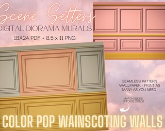 Scene Setters-  Color POP Wainscoting Walls- Doll Diorama Murals- Digital Download- Printable Background Wallpaper