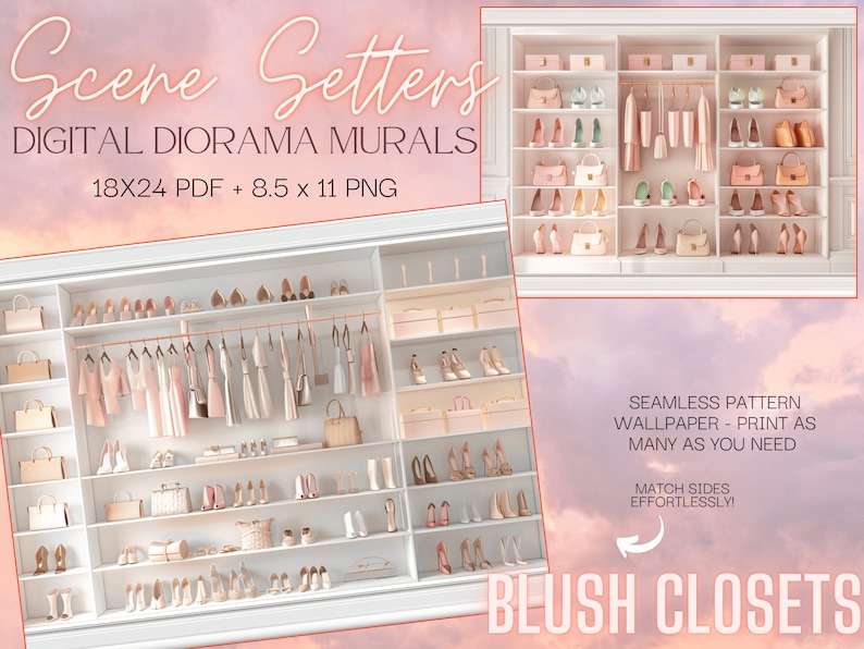 Scene Setters Blush Closets Doll Diorama Murals Digital Download Printable Background Wallpaper zdjęcie 2