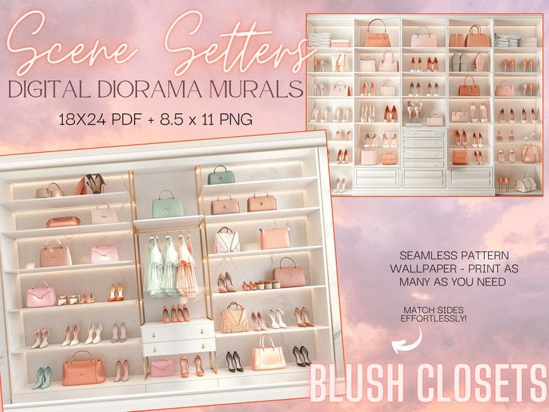 Scene Setters Blush Closets Doll Diorama Murals Digital Download Printable Background Wallpaper zdjęcie 3