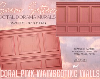 Scene Setters- Coral Pink Wainscoting Walls- Doll Diorama Murals- Digital Download- Printable Background Wallpaper