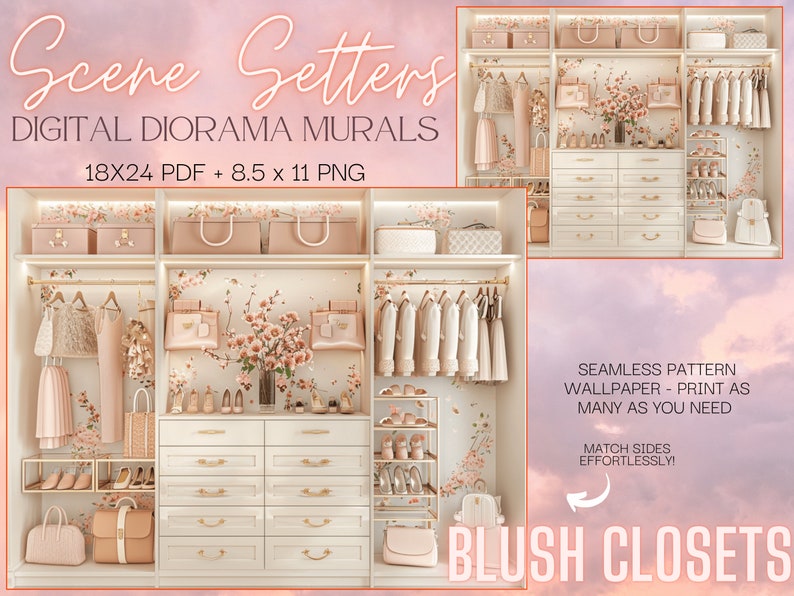 Scene Setters Blush Closets Doll Diorama Murals Digital Download Printable Background Wallpaper zdjęcie 5