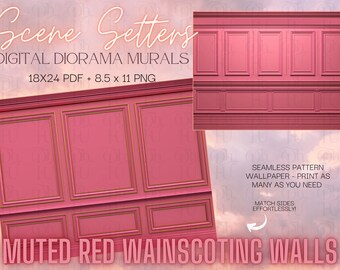 Scene Setters- Muted Red Wainscoting Walls- Doll Diorama Murals- Digital Download- Printable Background Wallpaper