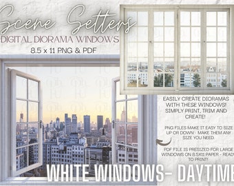 White Windows - Daytime -PNG & PDF- Scene Setters -Doll Diorama WINDOWS- Digital Download- Printable Background