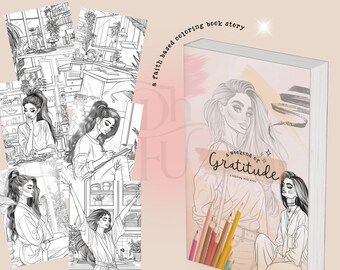 May include: A coloring book with a pink and orange background featuring a woman with long hair and the text "a weekend of Gratitude, a coloring book story".