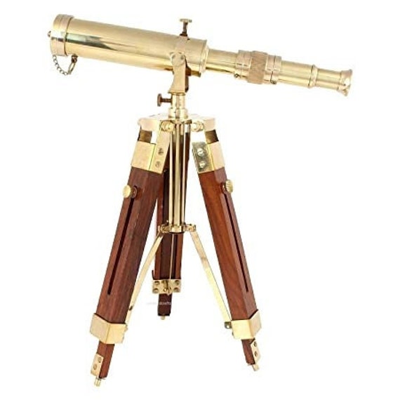 Antique Brass Telescope With Wooden Tripod Stand Collectible Desk Decor Nautical 