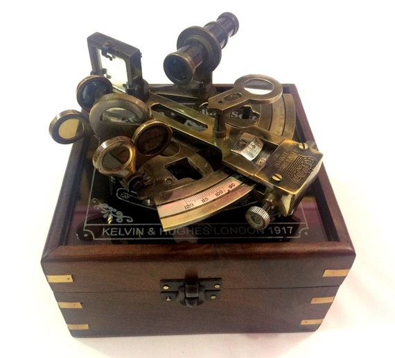 Details about   Nautical Brass Antique Finish Kelvin Hughes Sextant W/Mirror Wooden Box Décor