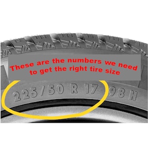 May include: Close-up of a black tire with the text "These are the numbers we need to get the right tire size" in red. The tire size is 225/50 R 17 98 H. A yellow circle highlights the tire size numbers.