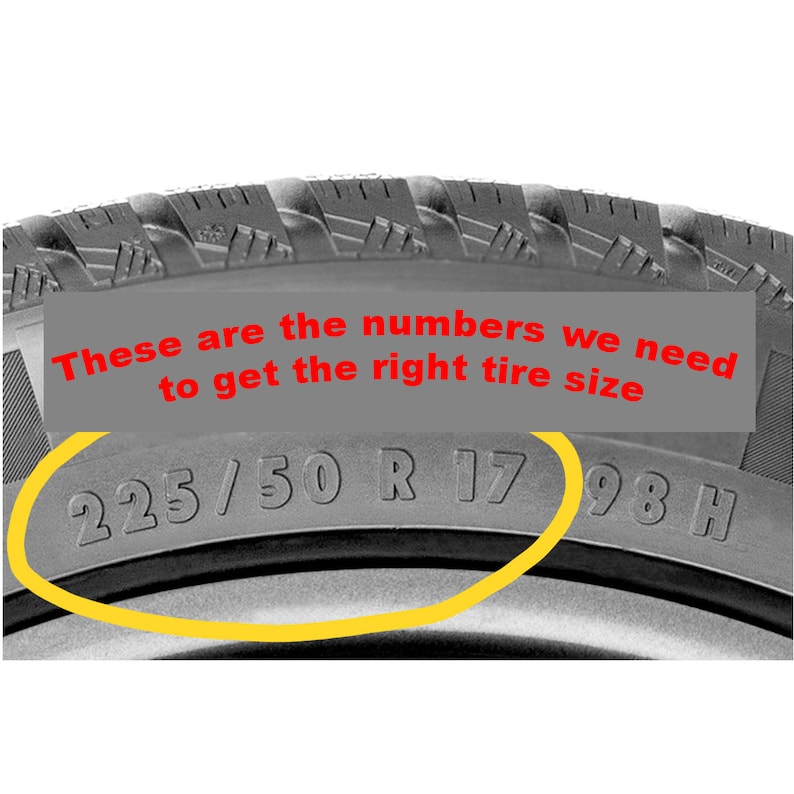 May include: Close-up of a black tire with the text "These are the numbers we need to get the right tire size" in red. The tire size is 225/50 R 17 98 H. A yellow circle highlights the tire size numbers.