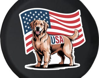 Patriotic Golden Retriever Spare Tire Cover: Dog Paws USA Flag - SUV, Camper