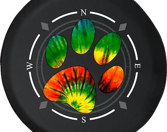 Tie Dye Paw Print Compass Spare Tire Cover: Camper, SUV