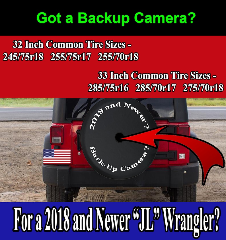 May include: A red Jeep Wrangler with a black spare tire cover. The cover has text that reads "Back-Up Camera?" and "2018 and Newer?". The image also includes tire size information and the text "For a 2018 and Newer 'JL' Wrangler?"