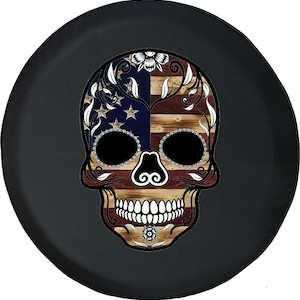 American Flag Sugar Skull Spare Tire Cover: Jeep, Camper, SUV