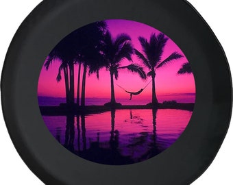Sunset Palm Trees Tropical Scene Relax Spare Tire Cover for Jeep, Camper, SUV With or Without Backup Camera Hole