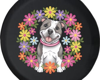 Pitbull with Flowers Spare Tire Cover: Camper, SUV