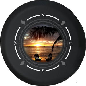 Palm Tree Beach Chair Sunset Sunrise Compass Spare Tire Cover for Jeep, Camper, SUV With or Without Backup Camera Hole