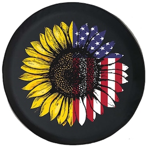 American Flag Sunflower Spare Tire Cover for Jeep, Camper, SUV With or Without Backup Camera Hole for Her