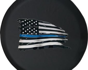 Thin Blue Line Flag Tire Cover for Jeep, Camper, SUV With or Without Backup Camera Hole