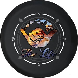 Hang Loose Live the Life Water Sunset Compass Spare Tire Cover for Jeep, Camper, SUV With or Without Backup Camera Hole