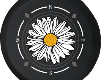 Pretty Daisy White and Yellow Flower Compass Spare Tire Cover for Jeep, Camper, SUV With or Without Backup Camera Hole