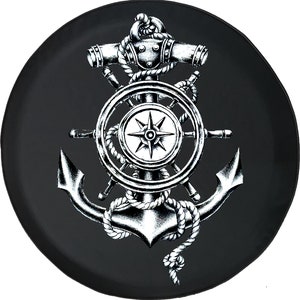 May include: A black spare tire cover featuring a nautical design. A white anchor, ship's wheel, and compass rose are centrally displayed. The design is encircled by a black background, creating a bold, maritime-themed accessory.