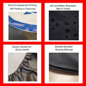 May include: Close-up images showcasing product features. Includes direct to substrate printing, UV and water resistance, elastic cording for easy install, and double-needle sewing. The product appears to be black with white and blue accents.