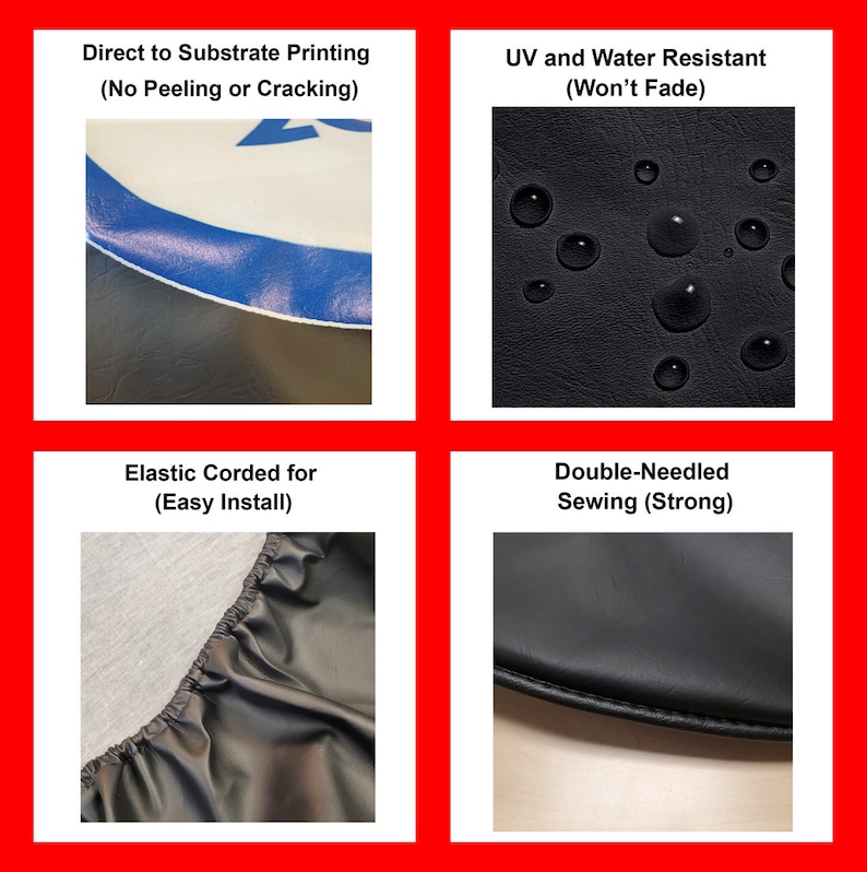 May include: Close-up images showcasing product features. Includes direct to substrate printing, UV and water resistance, elastic cording for easy install, and double-needle sewing. The product appears to be black with white and blue accents.